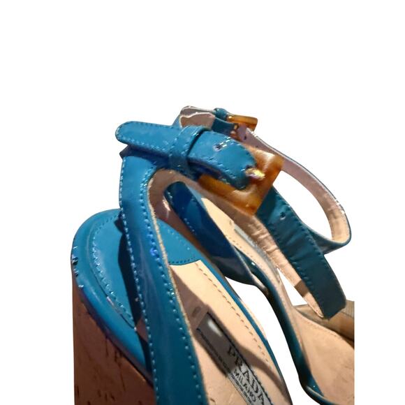 Prada Teal Patent Leather Cork Heels Sz. 38 (US 7) - Picture 4 of 11